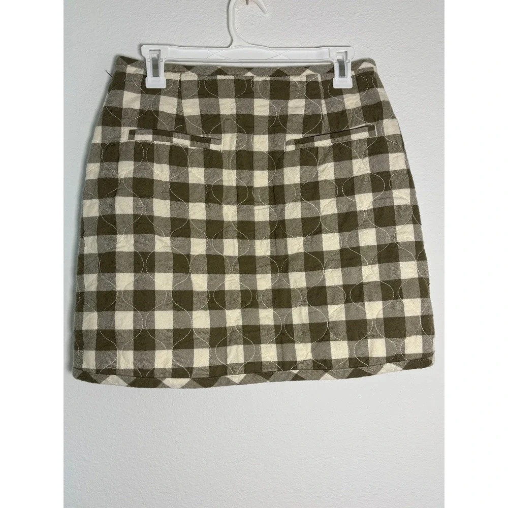 Madewell Quilted Mini Skirt Size 4 Olive Green Buffalo Check Button Front Wrap - Picture 2 of 4